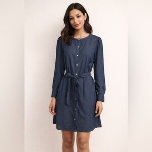 LOFT Chambray Denim Shirt Dress | Tie Waist | NWT | Size M | Linen Blend